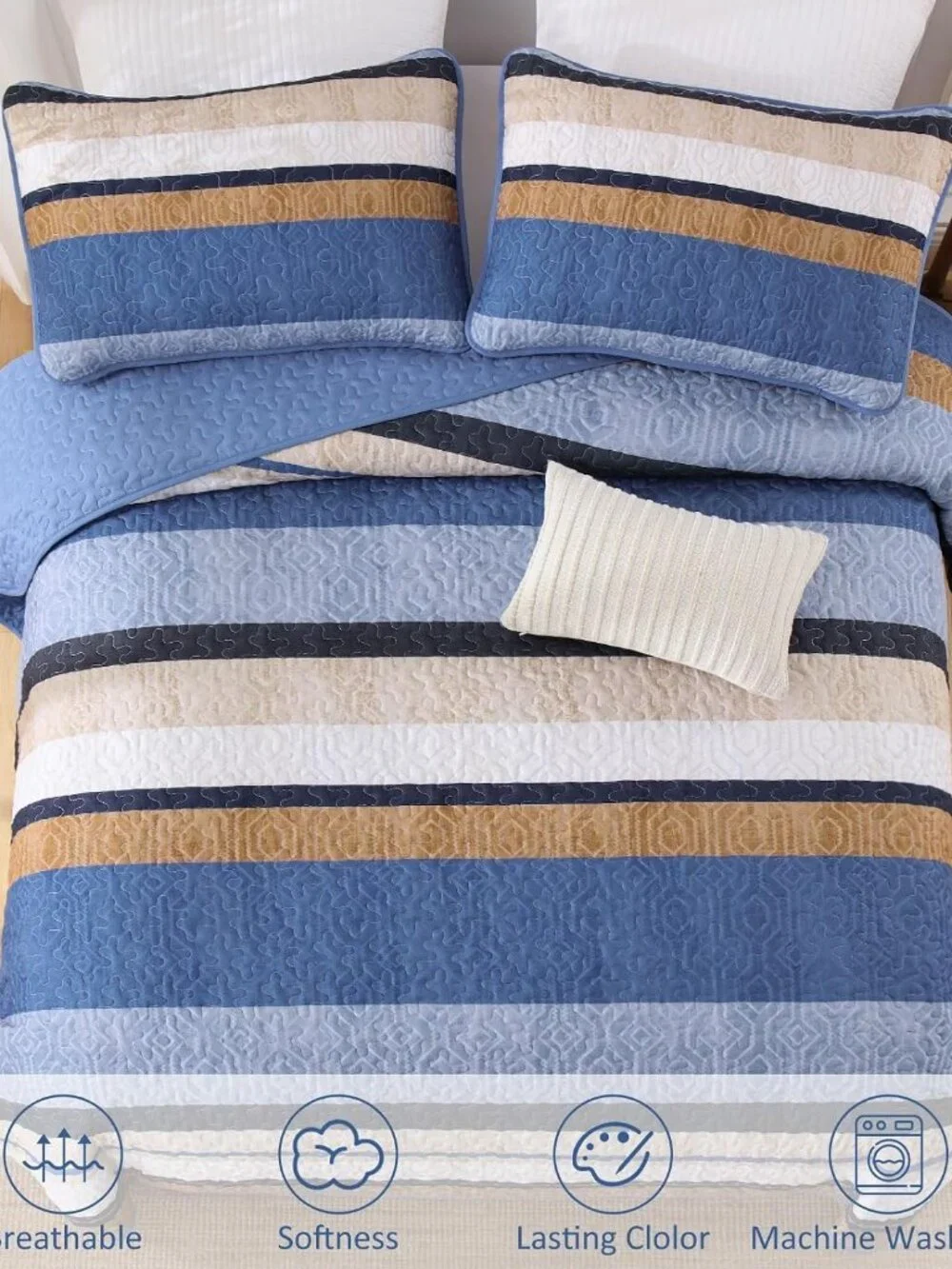 Boho Blue Striped All-Season 3-Piece Quilt Bedding Set